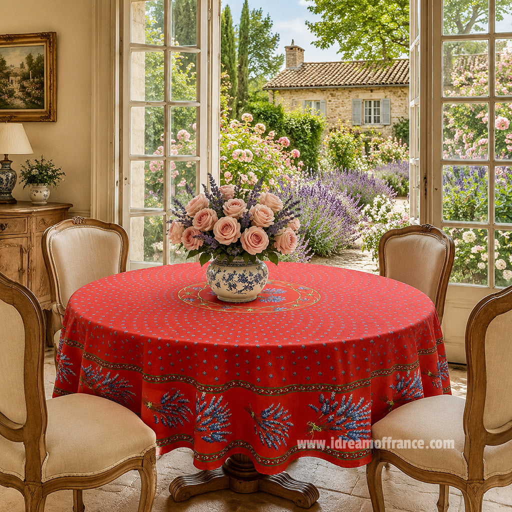 70" Round Lavender Red Acrylic-Coated Cotton Provence Tablecloths by Le Cluny