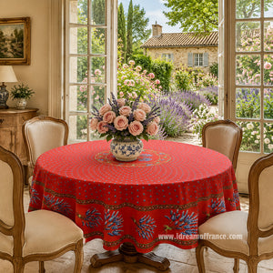 French Provencal tablecloth - Acrylic coated cotton, Spill-proof - 70" Round - Lavender red | Le Cluny - Lifestyle