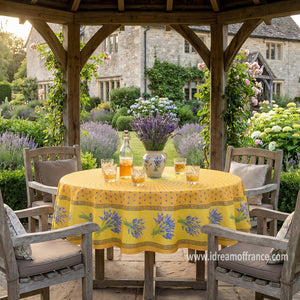 French Provencal tablecloth - Acrylic coated cotton, Spill-proof - 70" Round - Lavender yellow | Le Cluny