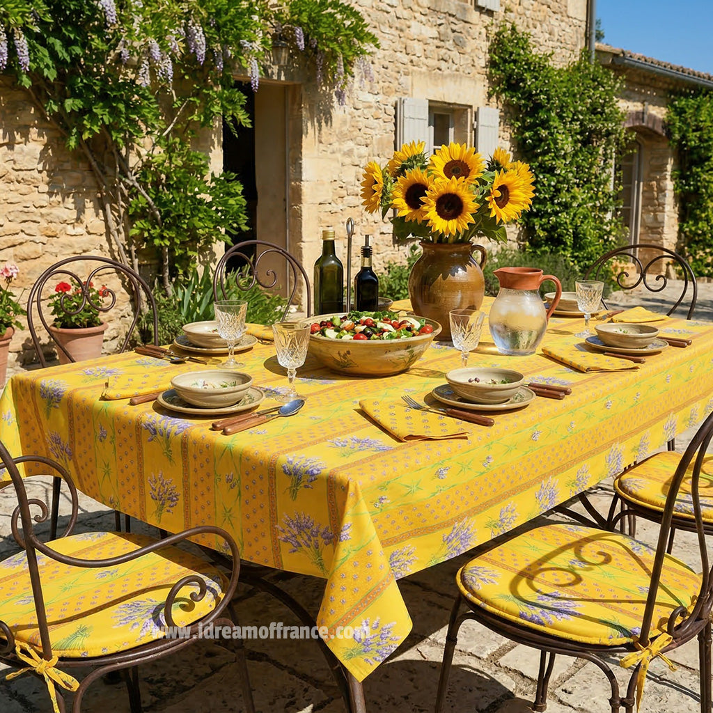 60x 96" Rectangular Lavender Yellow Acrylic-Coated Cotton Provence Tablecloth by Le Cluny