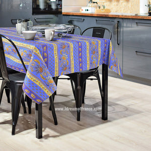 Rectangular Lisa Blue Cotton Coated French Country Tablecloth by Le Cluny - Lifestyle