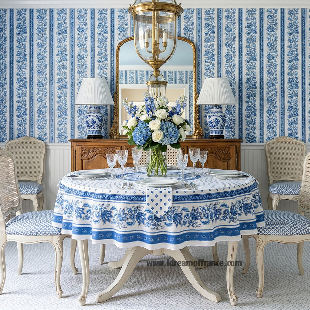 70" Round Lisa White Cotton French Country Tablecloth by Le Cluny