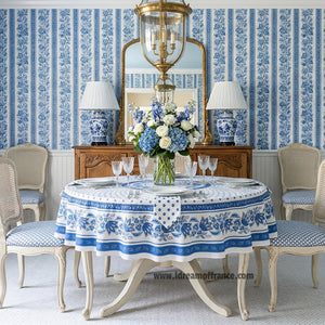 70" Round Lisa White Acrylic-coated Cotton French Country Tablecloth by Le Cluny
