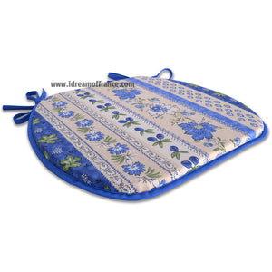 French chair pad - Acrylic coated cotton, Spill-proof - Reversible - Monaco beige & blue | Le Cluny