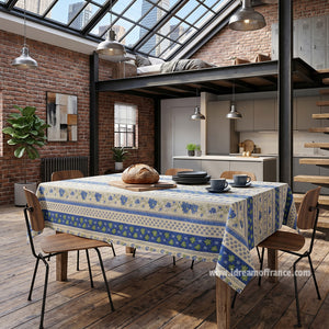 French Provencal tablecloth - Acrylic coated cotton, Spill-proof - Rectangular - Monaco beige & blue | Le Cluny