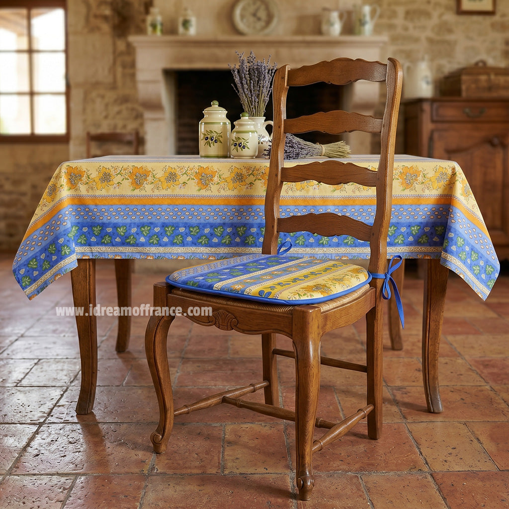 French Provencal tablecloth - Acrylic coated cotton, Spill-proof - 58" Square - Monaco blue & yellow | Le Cluny