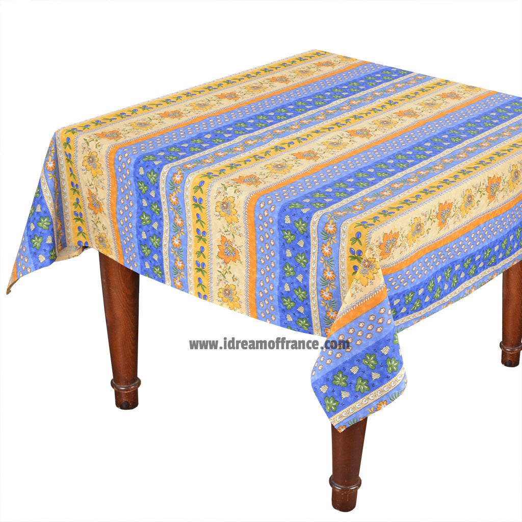 French Provencal tablecloth - Acrylic coated cotton, Spill-proof - 58" Square - Monaco blue & yellow | Le Cluny