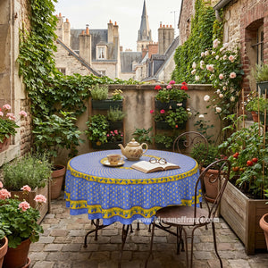 French Provencal tablecloth - Acrylic coated cotton, Spill-proof - 70" Round - Monaco blue | Le Cluny