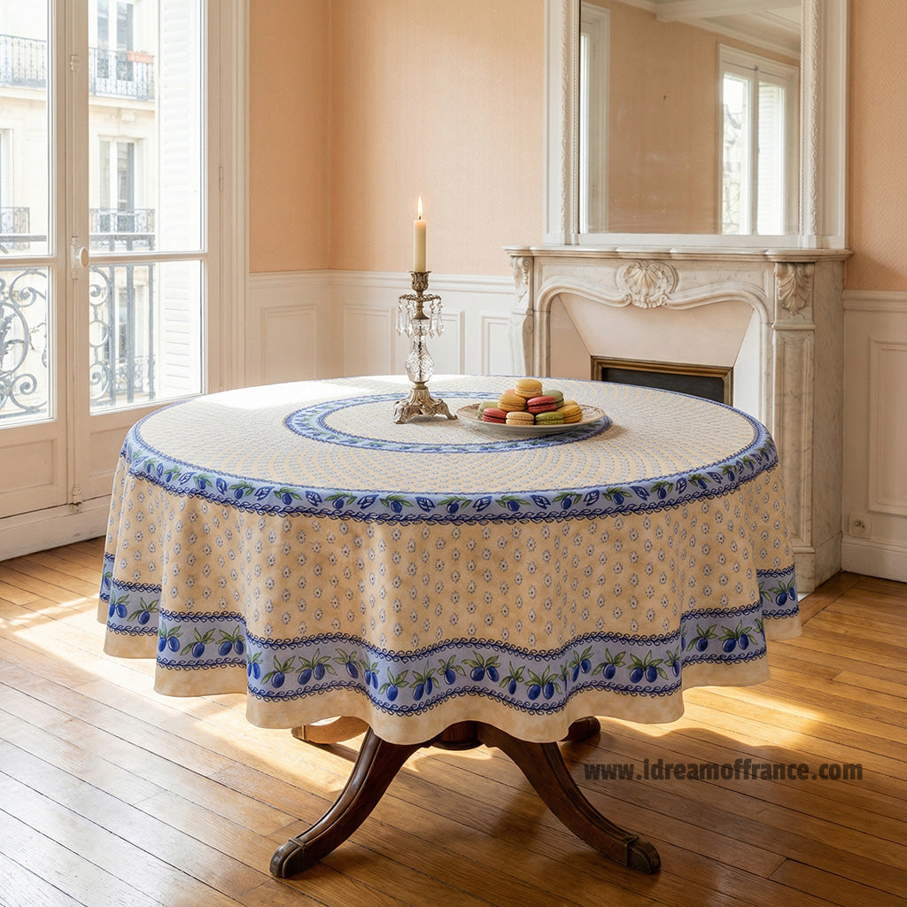 70" Round Monaco Beige Cotton Coated Provence Tablecloth by Le Cluny
