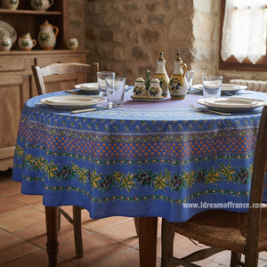 French Provencal tablecloth - Acrylic coated cotton, Spill-proof - 70" Round - Olives blue | Le Cluny - Lifestyle