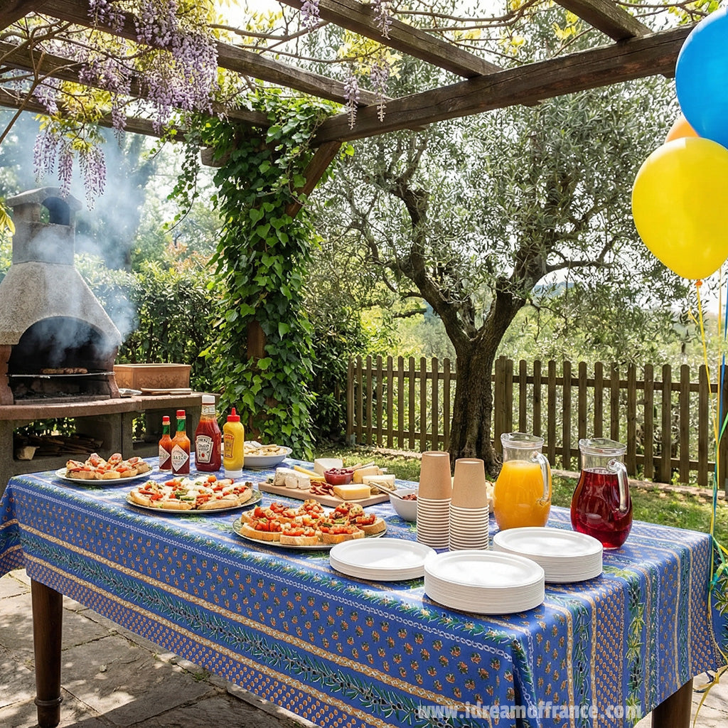 60x84" Rectangular Olives Blue Cotton Coated Provence Tablecloth by Le Cluny