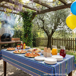 Le Cluny Olives blue acrylic-coated-cotton French tablecloth by Le Cluny