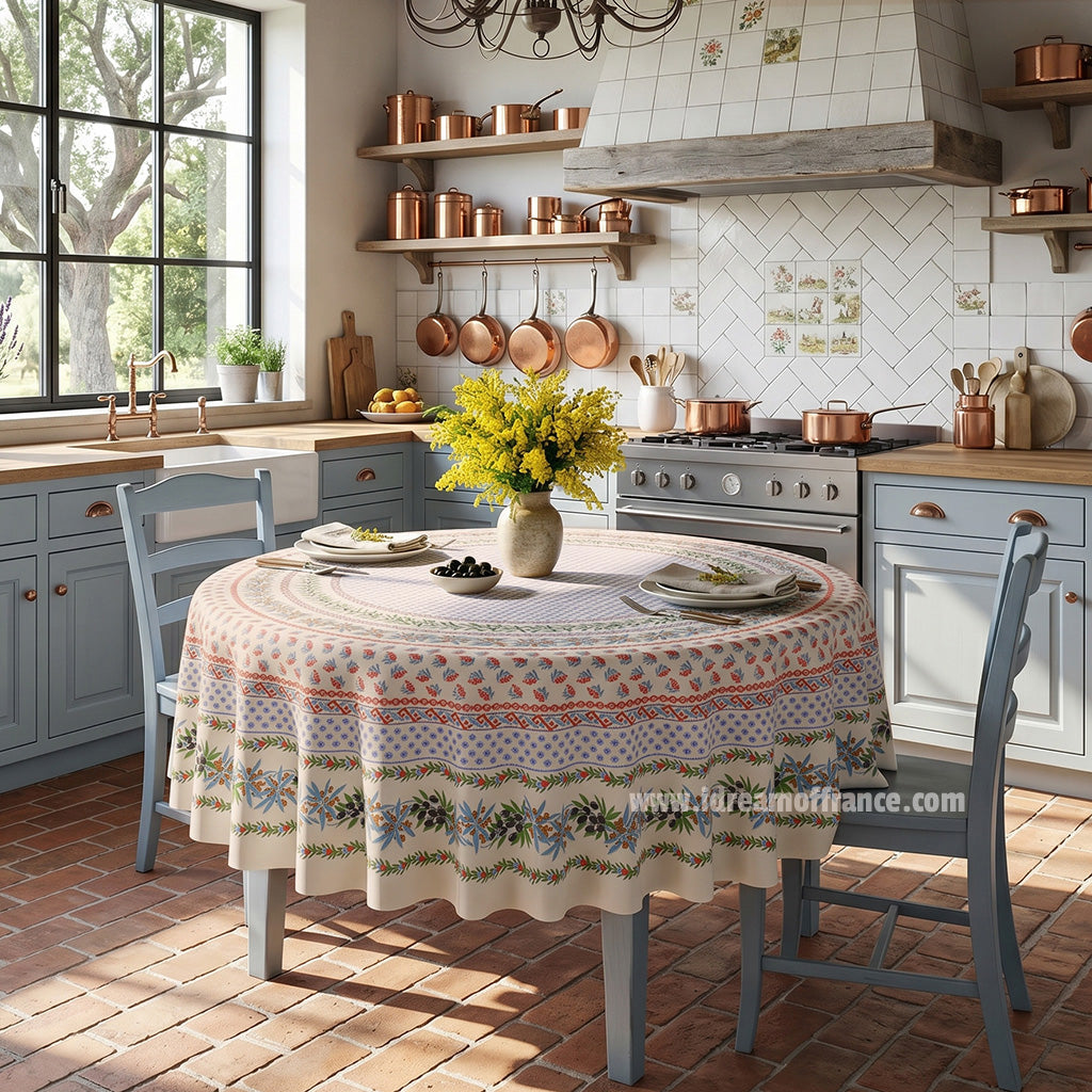 70" Round Olives Cream Cotton French Provence Tablecloth by Le Cluny