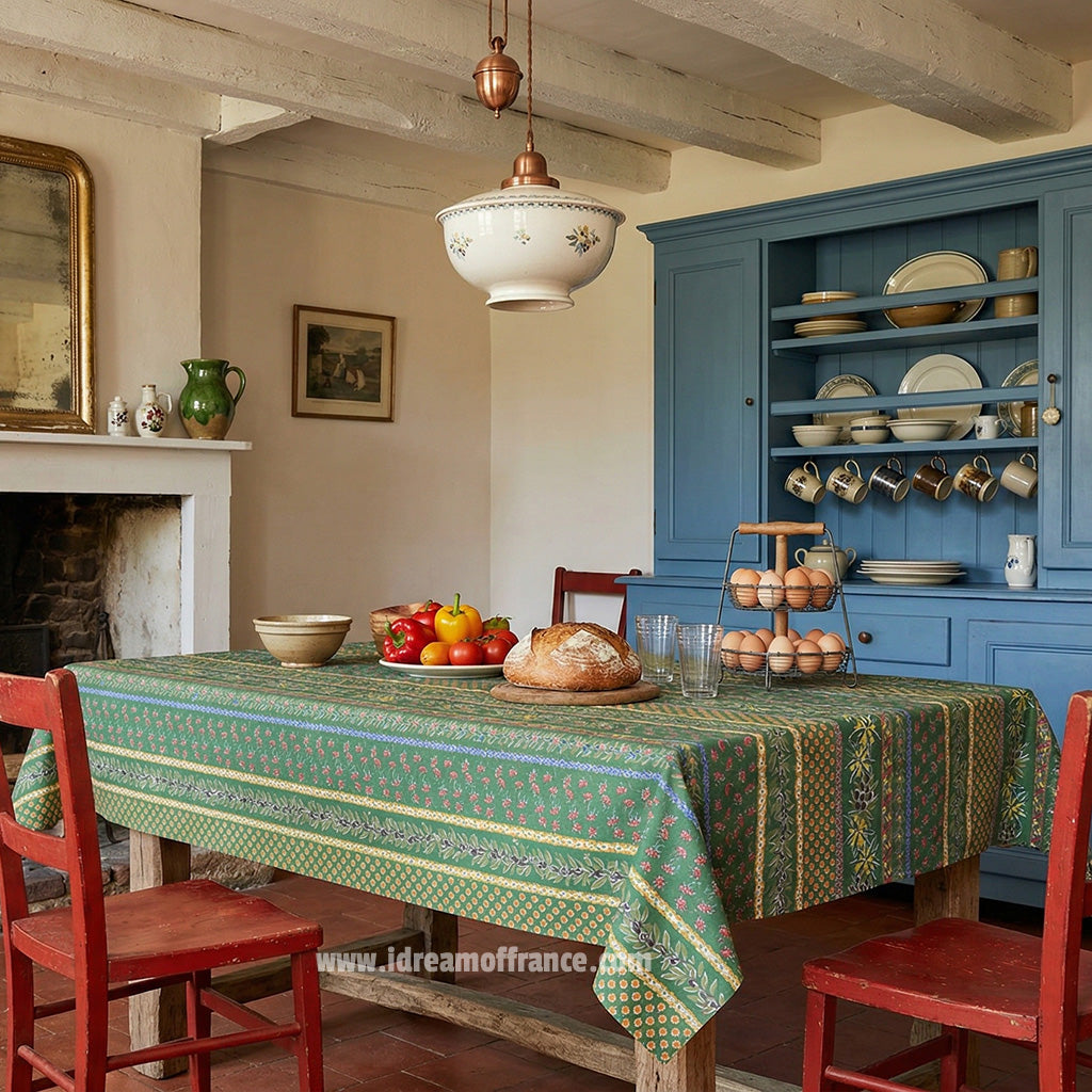 60x 96" Rectangular Olives Green Cotton Coated Provence Tablecloth by Le Cluny