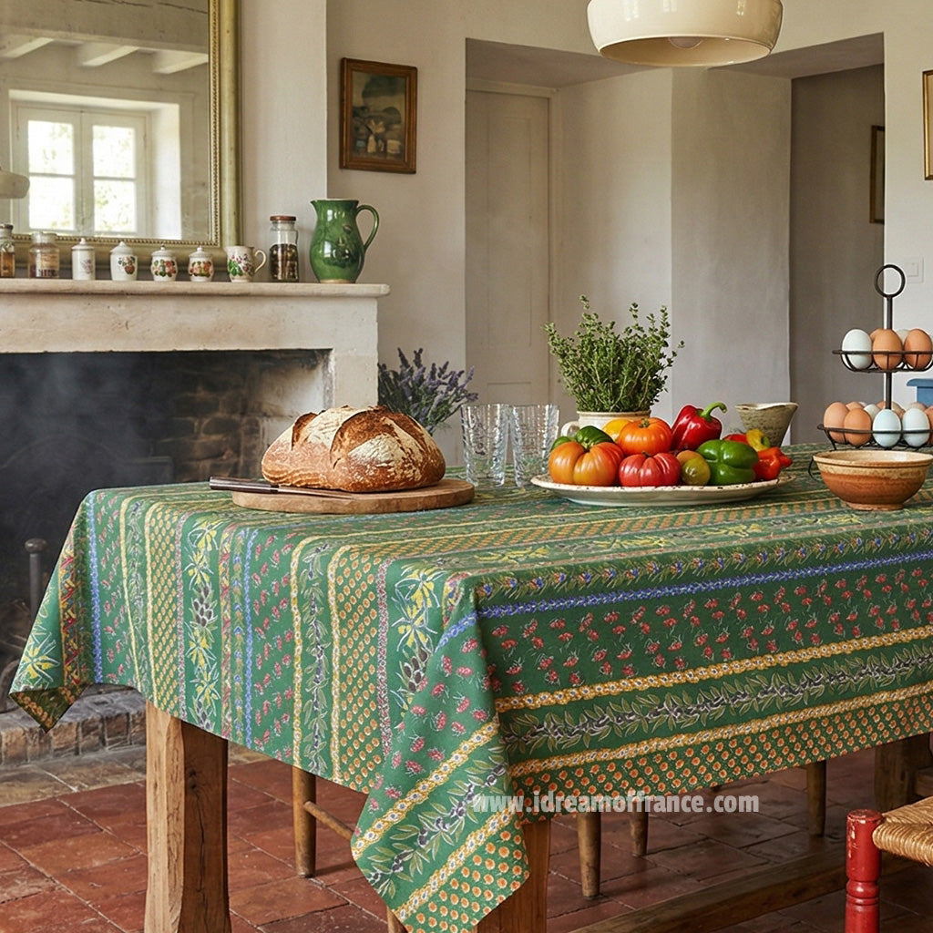 58" Square Olives Green Acrylic-Coated Cotton Provence Tablecloth by Le Cluny