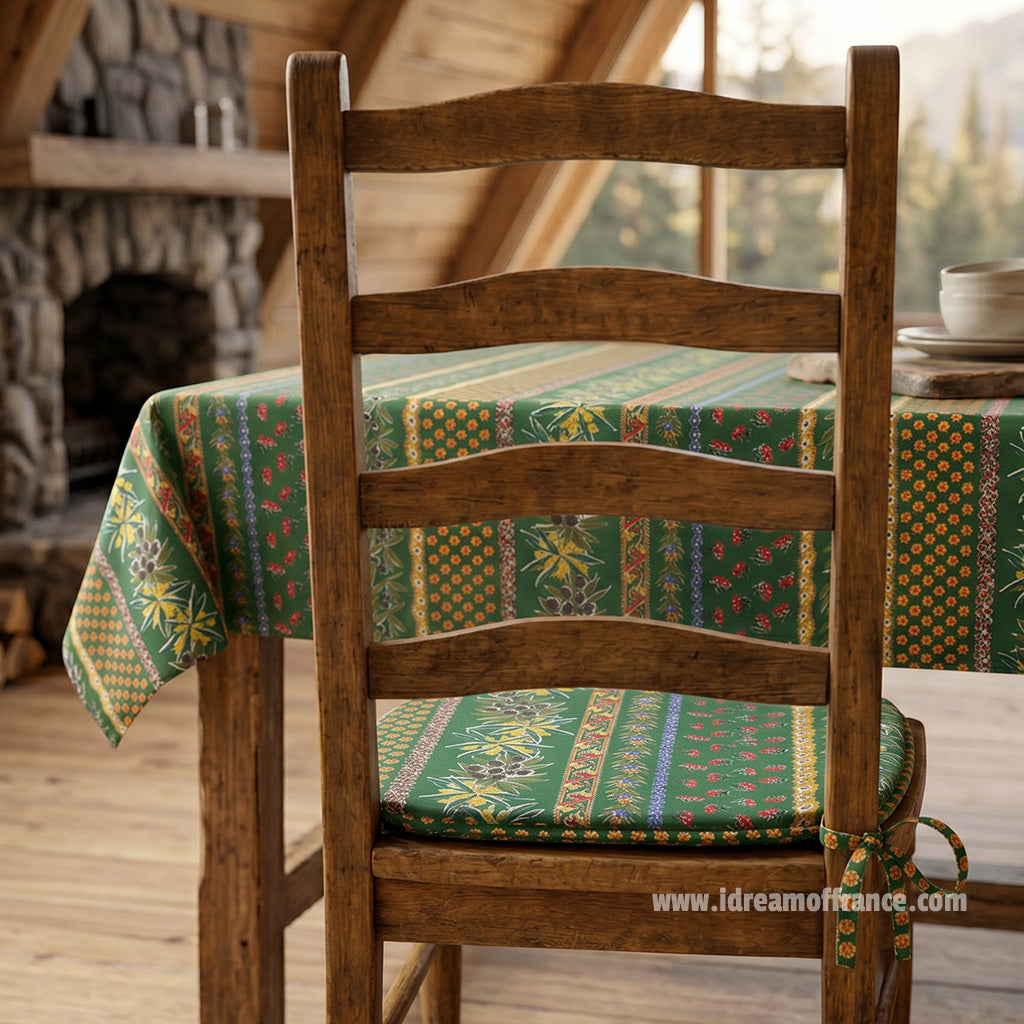 French Provencal tablecloth - Acrylic coated cotton, Spill-proof - 58" square - Olives green | Le Cluny