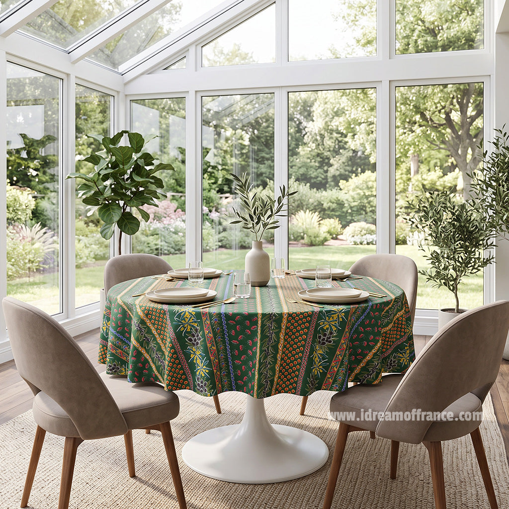 70" Round Olives Green Striped Acrylic-Coated Cotton Provence Tablecloth by Le Cluny
