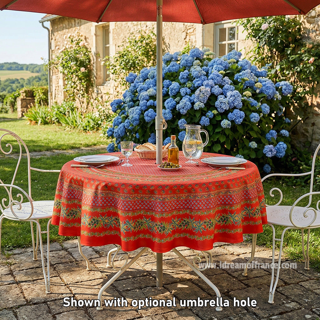 70" Round Olives Red Cotton Coated Provence Tablecloth by Le Cluny