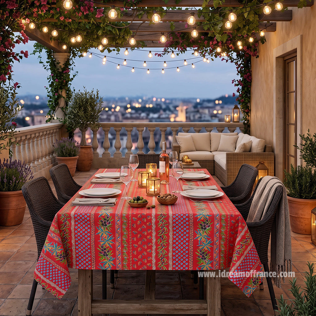 French Provencal tablecloth - Acrylic coated cotton, Spill-proof - Rectangular - Olives red | Le Cluny