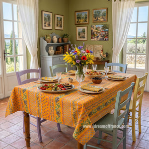 French Provencal tablecloth - Acrylic coated cotton, Spill-proof - Rectangular - Olives mustard yellow | Le Cluny