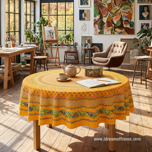 70" Round Olives Mustard Yellow Provence Tablecloth by Le Cluny in Artist Studio