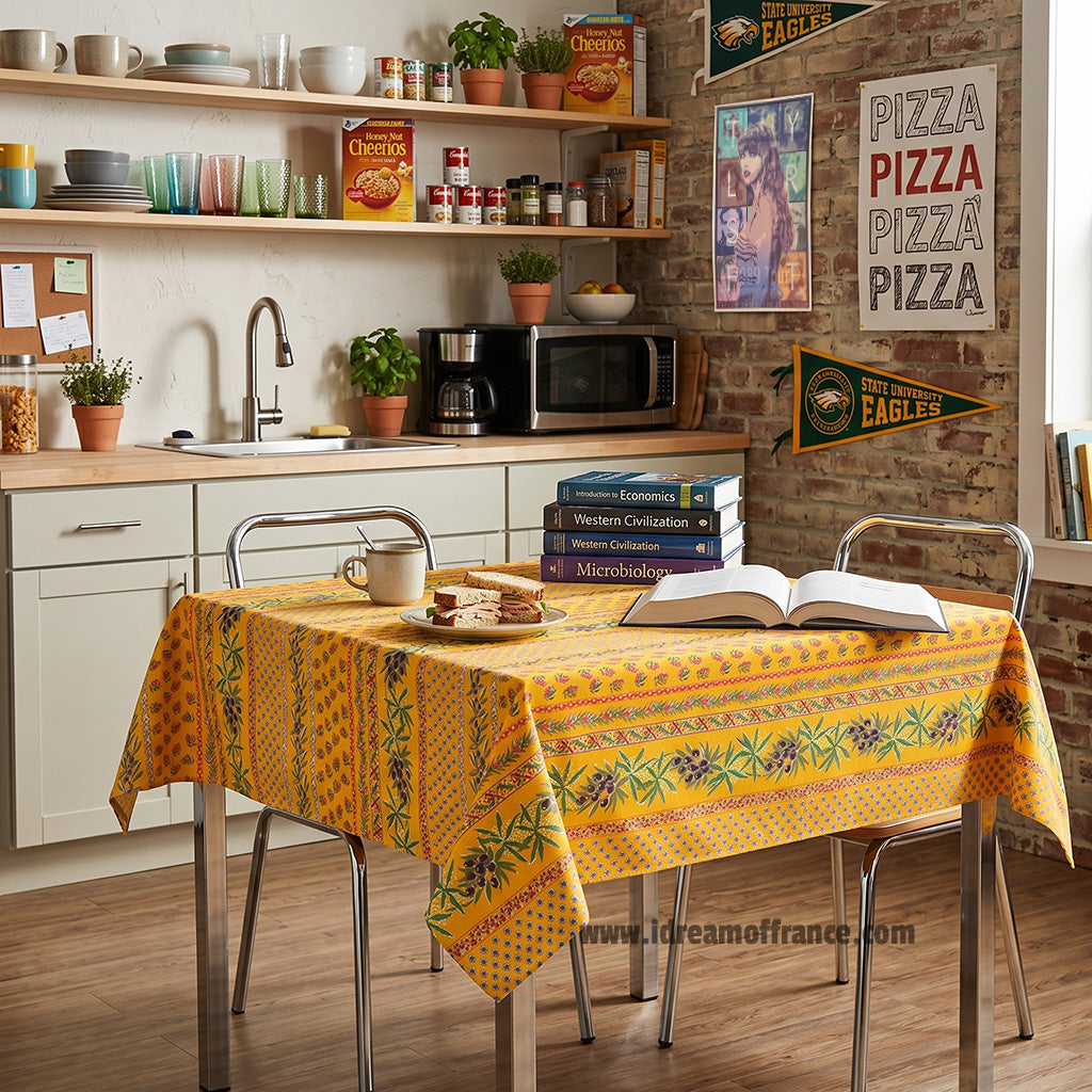 58" Square Olives Yellow Cotton Coated Provence Tablecloth by Le Cluny