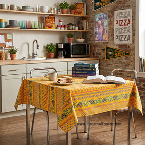 French Provencal tablecloth - Acrylic coated cotton, Spill-proof - Square - Olives mustard yellow | Le Cluny