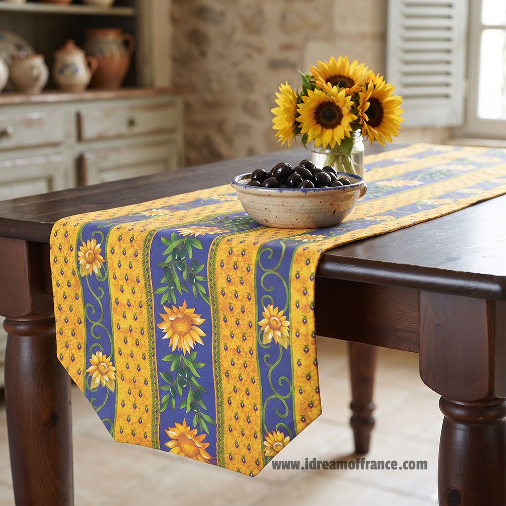 16x72" Sunflower Blue Cotton Coated Provence Table Runner by Le Cluny