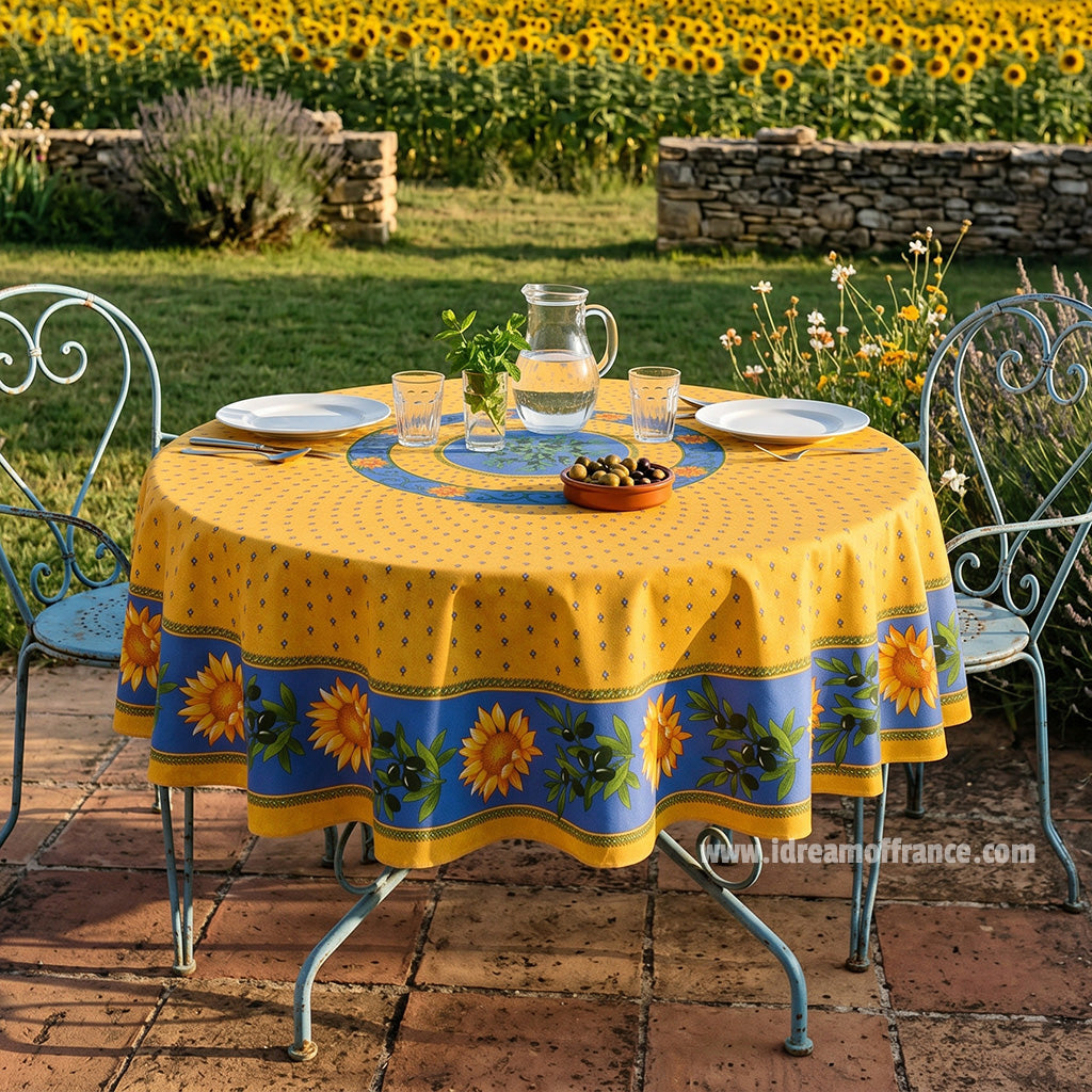 68" Round Sunflower Blue Cotton Coated Provence Tablecloth by Le Cluny