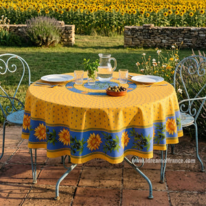 French Provencal tablecloth - Acrylic coated cotton, Spill-proof - 70" Round - Sunflower blue | Le Cluny