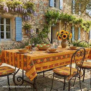 French Provencal tablecloth - Acrylic coated cotton, Spill-proof - Rectangular - Sunflower red | Le Cluny - Outdoors