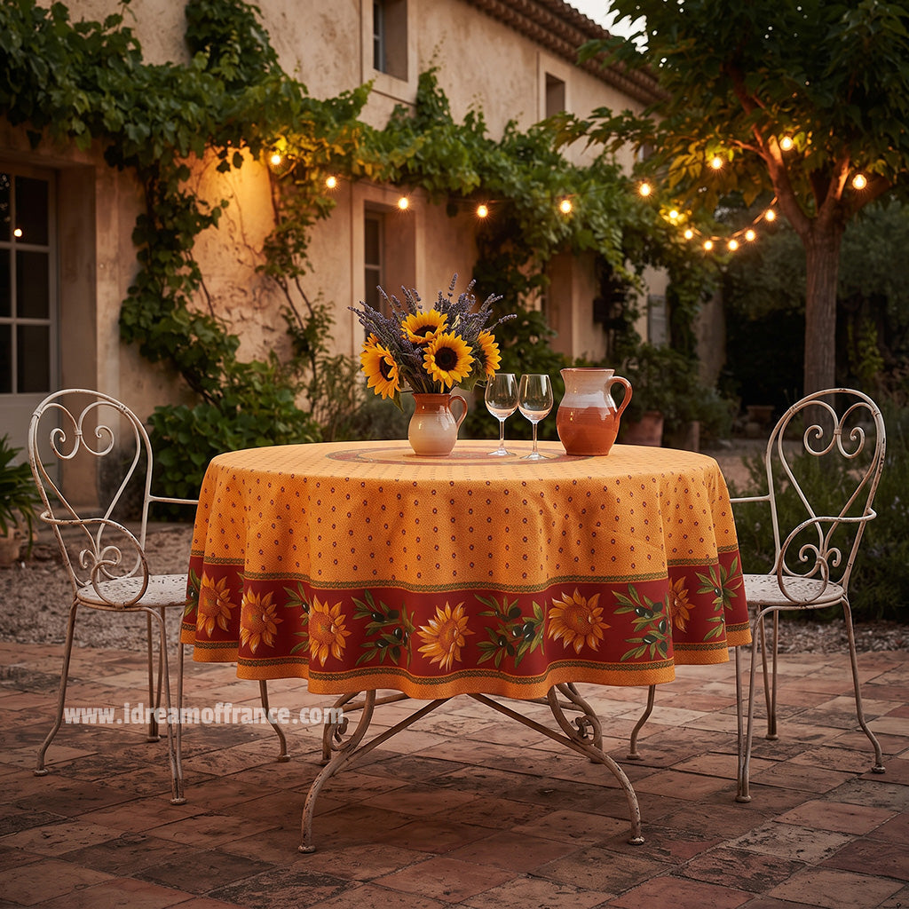68" Round Sunflower Red Cotton Provence Tablecloths by Le Cluny