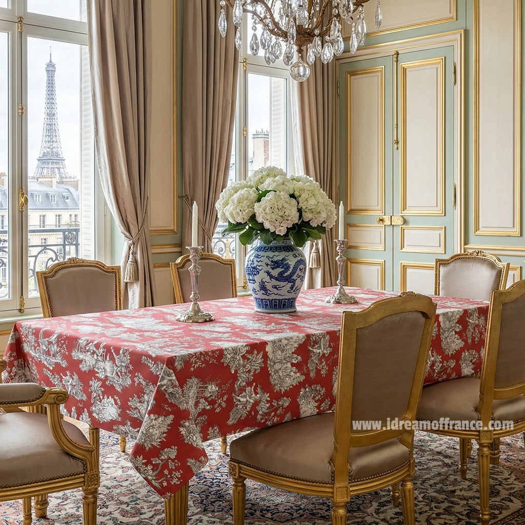 Rectangular Villandry Red Toile Cotton Coated Provence Tablecloth by Le Cluny