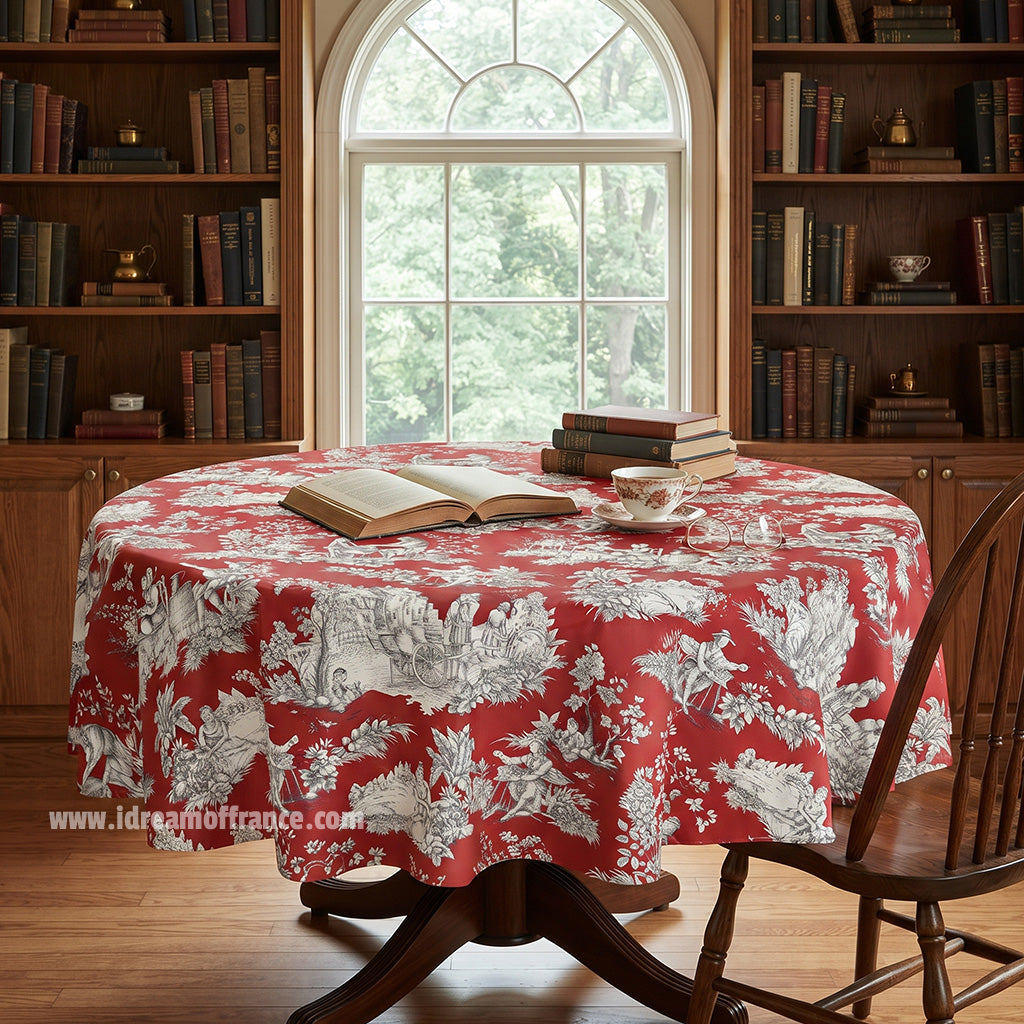 70" Round Villandry Red Toile Cotton Coated French Tablecloth by Le Cluny