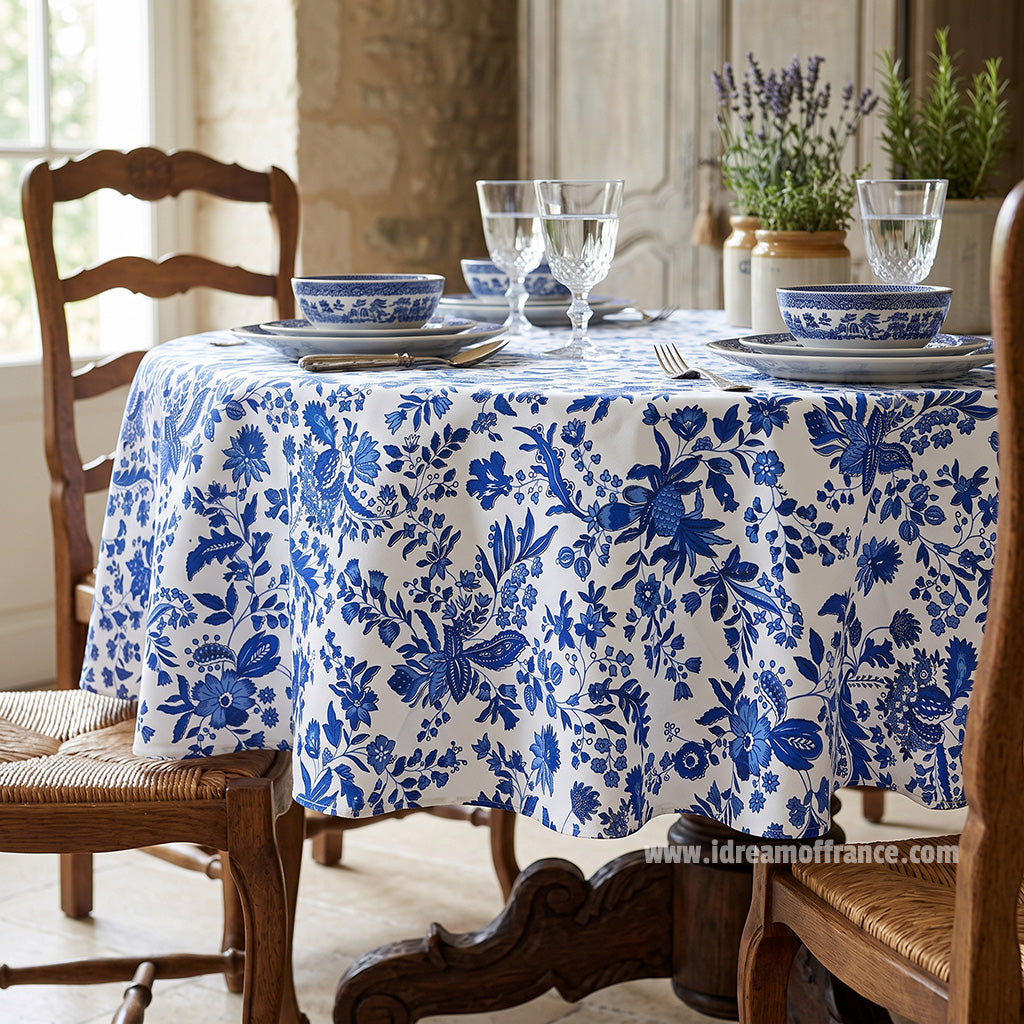 70" Round Versailles Blue Cotton Coated French Tablecloth by Le Cluny