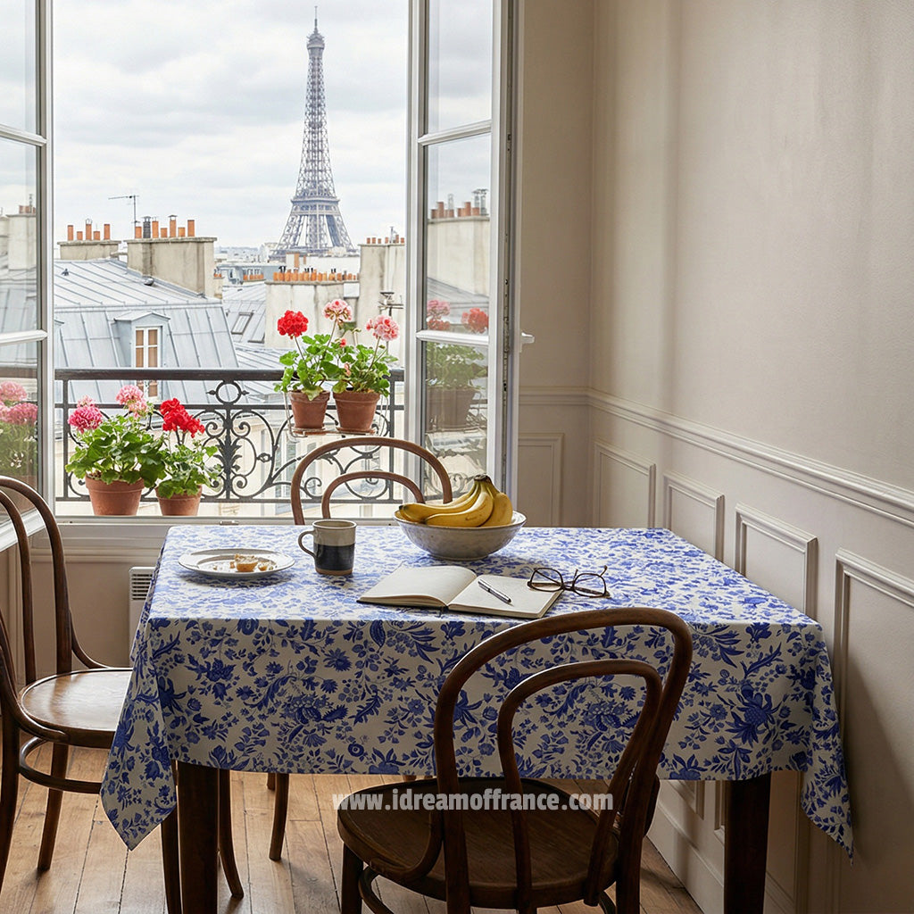 58" Square Versailles Blue Cotton Coated French Tablecloth by Le Cluny