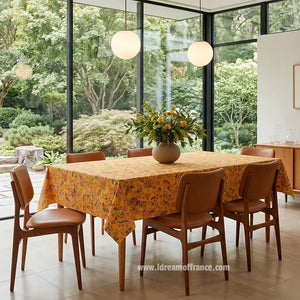 Versailles Mustard Yellow Rectangular Acrylic-Coated Cotton French Tablecloth by Le Cluny in Mid Century Modern Décor