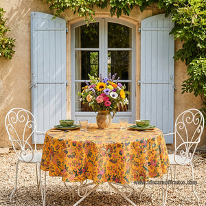 French tablecloth - Acrylic coated cotton, Spill-proof - 70" Round - Versailles mustard yellow | Le Cluny