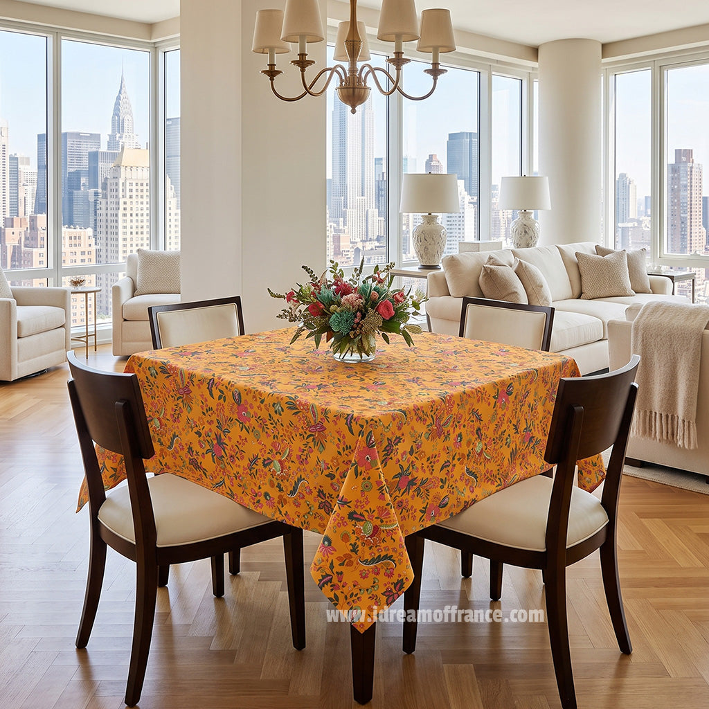 French Provencal tablecloth - Acrylic coated cotton, Spill-proof - 58" square - Versailles yellow | Le Cluny