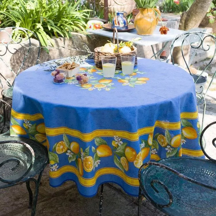 70" Round Lemons Blue Tablecloth by Tissus Toselli