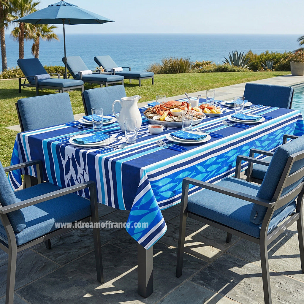 60x96" Rectangular Fishy Fish Cotton Coated French Tablecloth by Le Cluny