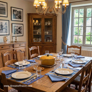 Lisa Blue cotton napkins and Acrylic-Coated Cotton Reversible Placemats  by Le Cluny