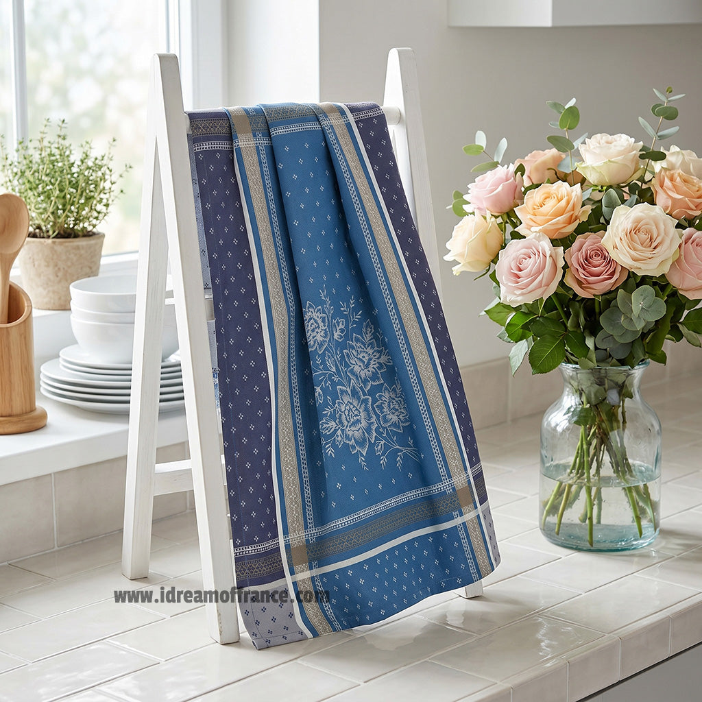 Massilia Azure French Cotton Jacquard Dish Towel by Tissus Toselli