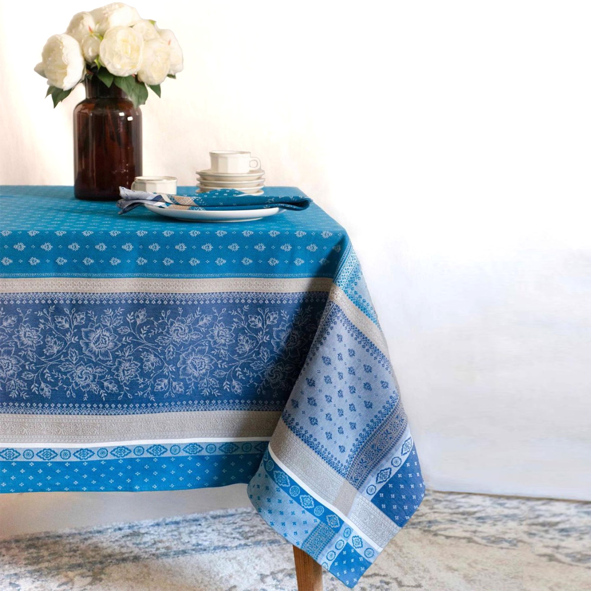 62x120" Rectangular Massilia Azure French Jacquard Tablecloth by Marat d'Avignon