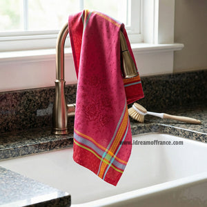 Tissus Toselli cotton jacquard kitchen towel Massilia Fuschia