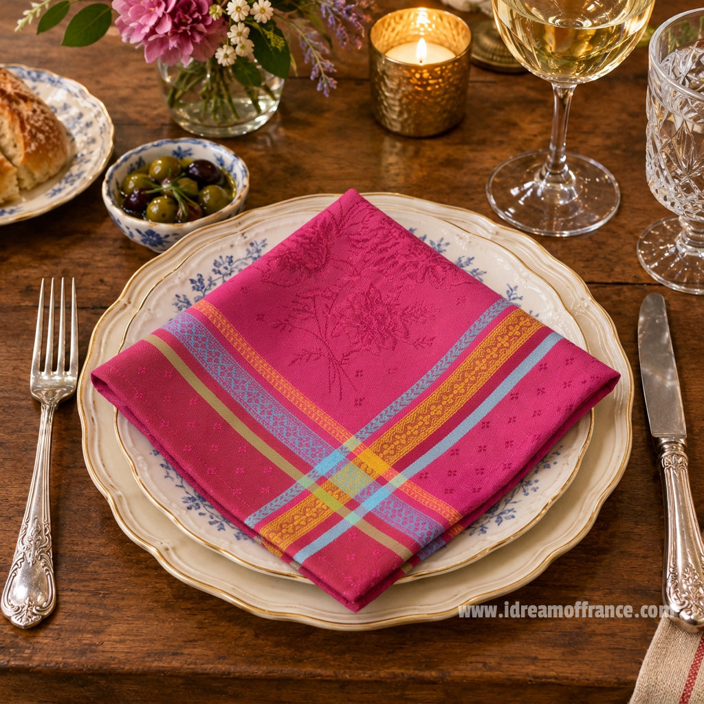 Massilia Fuschia French Cotton Jacquard Napkin by Tissus Toselli