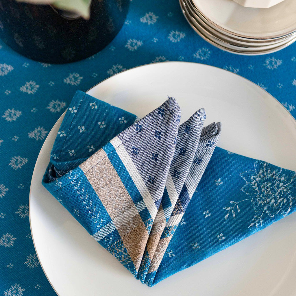 Massilia Azure French Cotton Jacquard Napkin by Tissus Toselli