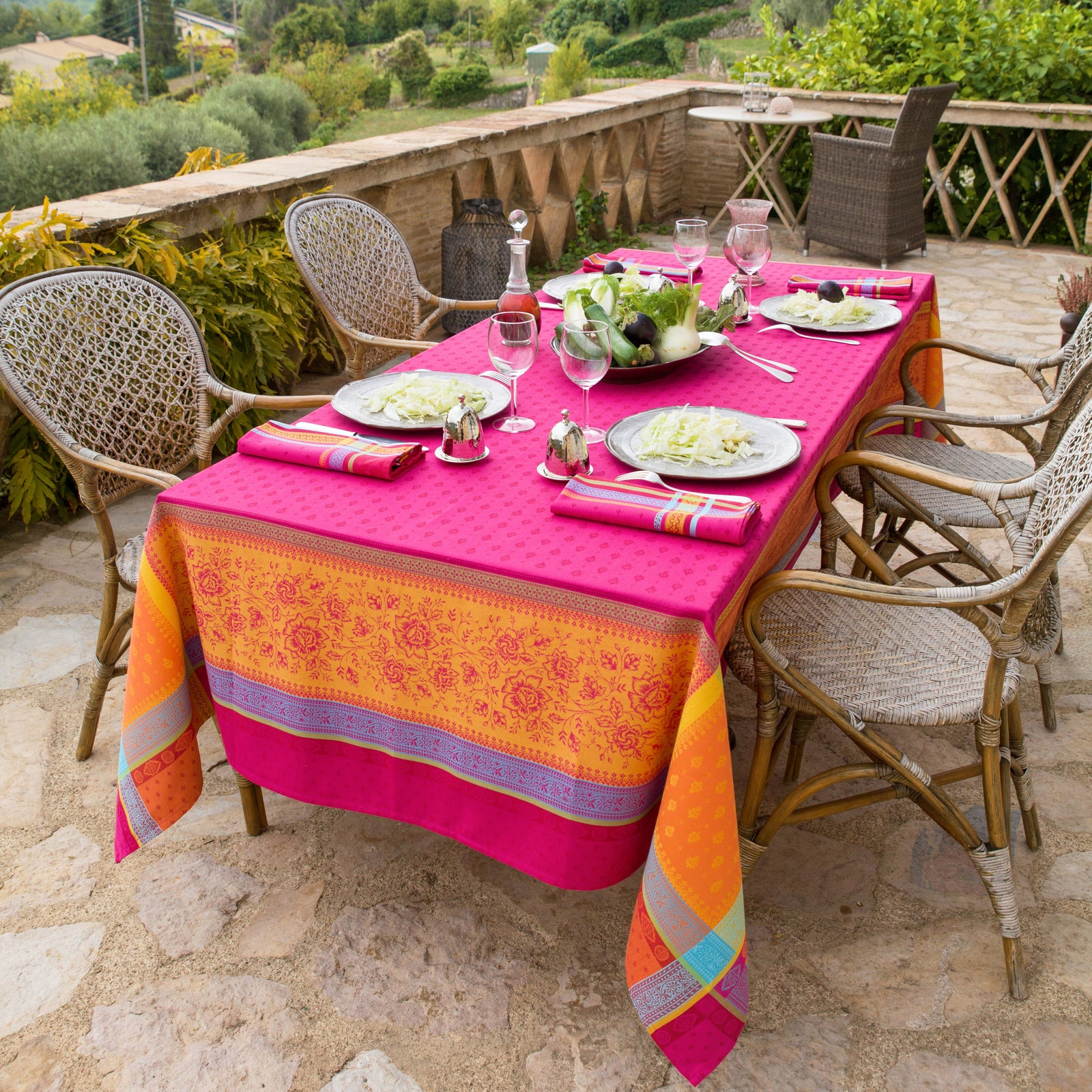 62x98" Rectangular Massilia Fuschia French Cotton Jacquard Tablecloth by Tissus Toselli