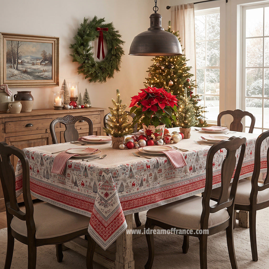 60x78" Rectangular Mistletoe Red & Gray Acrylic Coated Cotton Tablecloth by Tissus Toselli