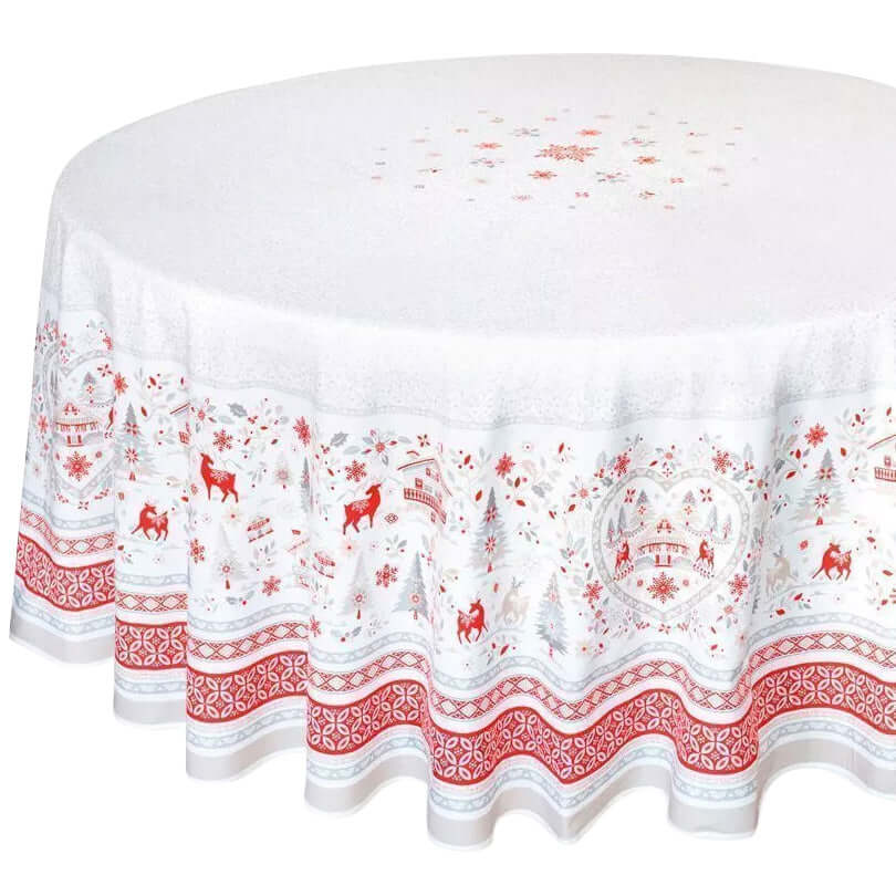 70" Round Mistletoe Red & Gray Acrylic-Coated Cotton Tablecloth by Tissus Toselli
